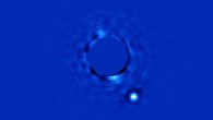 Gemini Planet Imager captured this first light image of Beta Pictoris b, a planet orbiting the star Beta Pictoris. The star, Beta Pictoris, is blocked in this image by a mask. Image credit: Lawrence Livermore National Laboratory.