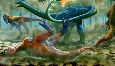 This is an artist's impression of Leinkupal laticauda and smaller carnivorous dinosaurs. Image credit: © Jorge Antonio Gonzalez.