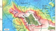 This map shows the distribution of the three volcanoes - the Ka'ena, Wai'anae and Ko'olau - now thought to have made up the region of O'ahu, Hawai'i. Bold dashed lines delineate possible rift zones of the three volcanoes; also shown are the major landslide deposits around O'ahu. Image credit: J. Sinton et al / University of Hawai'i's School of Ocean and Earth Science and Technology.