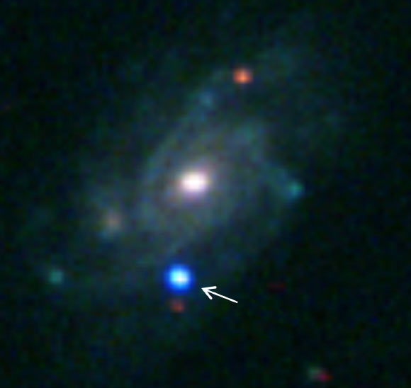 This image from the 1.5-m robotic telescope at Palomar Observatory shows SN 2013cu in the galaxy UGC 9379. Image credit: Avishay Gal-Yam et al.