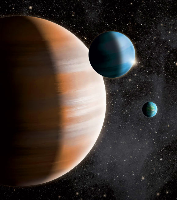 This artist's conception shows a terrestrial exoplanet, a gas giant and a mid-sized gas dwarf. Image credit: J. Jauch.