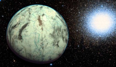 This artistic representation shows the potentially habitable exoplanet Kapteyn b and the globular cluster Omega Centauri in the background. It is believed that this cluster is the remaining core of a dwarf galaxy that merged with our own Milky Way Galaxy billions of years ago bringing Kapteyn's star along. Image credit: PHL / UPR Arecibo / Aladin Sky Atlas.