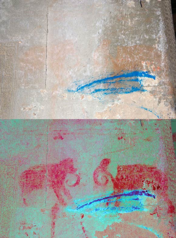 This is an image of the painted elephants at Angkor Wat temple in Cambodia, with no enhancement above, and with enhancement below. Image credit: Noel Hidalgo Tan.