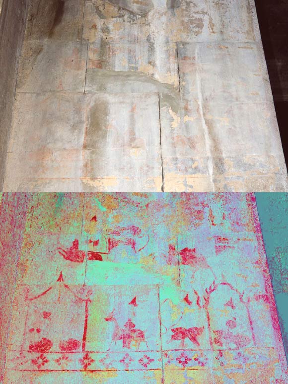 A hidden image at Angkor Wat temple showing life scenes. The enhanced image is below, and the original image is above. Image credit: Noel Hidalgo Tan.