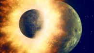 This is an artist's depiction of a catastrophic collision between two celestial bodies; such an impact between the proto-Earth and Theia likely formed the Moon. Image credit: NASA / JPL-Caltech.