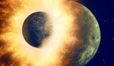 This is an artist's depiction of a catastrophic collision between two celestial bodies; such an impact between the proto-Earth and Theia likely formed the Moon. Image credit: NASA / JPL-Caltech.