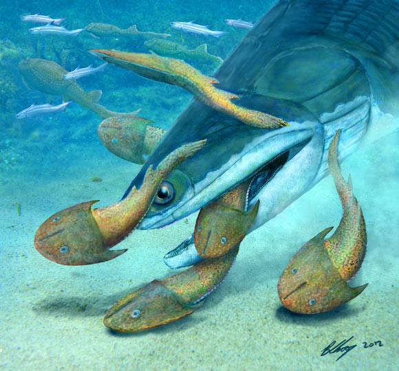 Megamastax amblyodus consuming the galeaspid Dunyu longiforus. Image credit: Brian Choo.