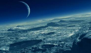 This artist's impression shows the surface of Pluton, Charon and the Sun. Image credit: ESO / L. Calçada.