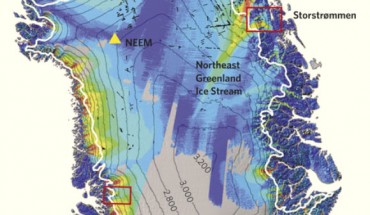 Distribution of the newly discovered ice structures (black color) in northern Greenland. Image credit: Robin E. Bell et al.