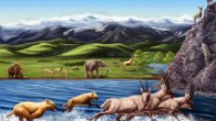 This is an artist's reconstruction of the fauna of Zanda basin - the richest basin on the Tibetan Plateau - from the Pliocene (about 5 to 3 million years ago). Image credit: Julie Selan / Natural History Museum of Los Angeles County.