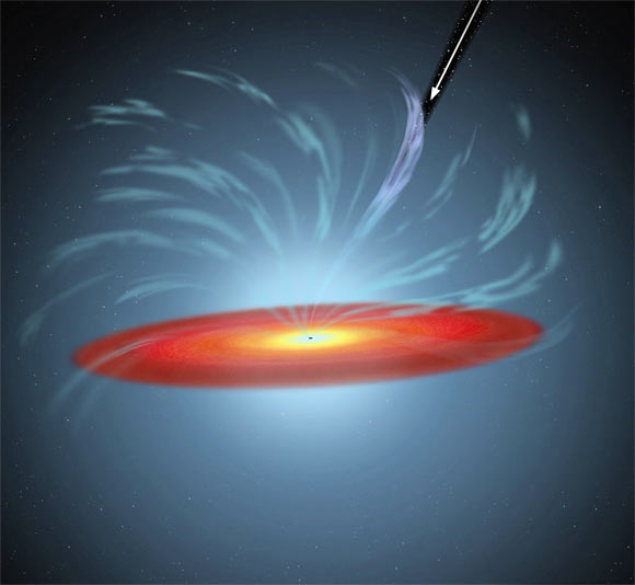 This is an artist's impression of a clumpy gas stream flowing quickly outward from the supermassive black hole at the heart of NGC 5548. The arrow shows NASA/ESA Hubble Space Telescope’s line of sight. Image credit: NASA / ESA / A. Field, STScI.
