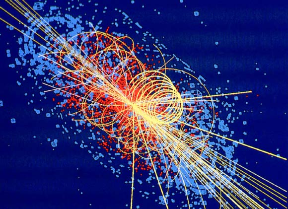 Higgs boson decays to four muons: lines denote other particles, and energy deposited is shown in blue. Image credit: CMS. 