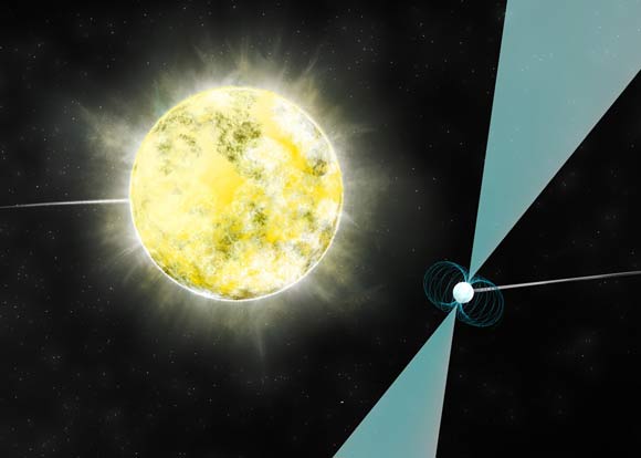 Artist impression of a white dwarf star in orbit with pulsar PSR J2222. Image credit: B. Saxton / NRAO / AUI / NSF.