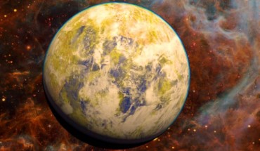 Artistic representation of Gliese 832 c against a stellar nebula background. mage credit: PHL / UPR Arecibo / NASA Hubble / Stellarium.