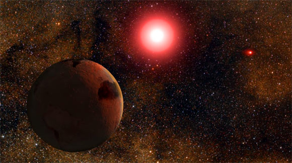 Artistic representation of the exoplanet OGLE-2013-BLG-0341LBb and its two parent stars. Image credit: Cheongho Han / Chungbuk National University.