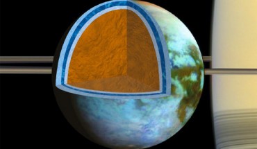 Titan's ice shell, which overlies a very salty ocean, varies in thickness around the moon, suggesting the crust is in the process of becoming rigid. Image credit: NASA / JPL-Caltech / SSI / University of Arizona / G. Mitri / University of Nantes.