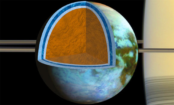Titan's ice shell, which overlies a very salty ocean, varies in thickness around the moon, suggesting the crust is in the process of becoming rigid. Image credit: NASA / JPL-Caltech / SSI / University of Arizona / G. Mitri / University of Nantes.
