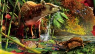 Reconstruction of the early Eocene fauna that inhabited the rainforest around a northern British Colombia lake: Heptodon sp. drinks in the shallows, while the small hedgehog Silvacola acares stalks the green lacewing Pseudochrysopa harveyi in the foreground. Image credit: Julius Csotonyi.