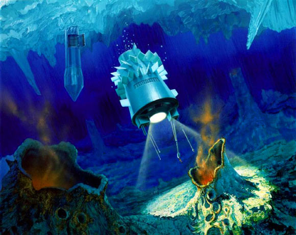 Artist's concept of a cryobot in the ocean of Jupiter's moon Europa. Image credit: NASA.
