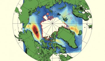Example wave model hindcast during the September 2012 storm in Arctic Ocean; the map is centered on the North Pole; the color scale indicates significant wave height from 0 to 5 m. Image credit: Jim Thomson / W. Erick Rogers.
