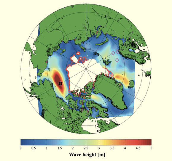 Example wave model hindcast during the September 2012 storm in Arctic Ocean; the map is centered on the North Pole; the color scale indicates significant wave height from 0 to 5 m. Image credit: Jim Thomson / W. Erick Rogers.