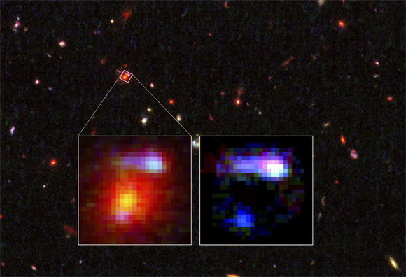 Gravitational lensing by a giant elliptical galaxy in the cluster IRC 0218: the galaxy (red object in the enlarged view at left) is so massive that its gravity bends, magnifies, and distorts light from objects behind it, a phenomenon called gravitational lensing; the object behind the cosmic lens (seen in the enlarged view at right) is a small spiral galaxy undergoing a rapid burst of star formation; its light has taken 10.7 billion years to arrive here. Image credit: NASA / ESA / Kim-Vy Tran, Texas A&M University / Kenneth Wong, Academia Sinica Institute of Astronomy & Astrophysics.