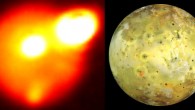 Left: the image of Io taken in the near-infrared with adaptive optics at the Gemini North telescope on August 29, 2013. Image credit: Katherine de Kleer / UC Berkeley / Gemini Observatory / AURA. Right: NASA's Galileo spacecraft acquired this image of Io in July 1999. Image credit: NASA / JPL / University of Arizona.
