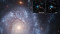 This image shows the spiral galaxy NGC 1309; the X-shaped feature at the top of the image of the galaxy marks the location of the supernova SN 2012Z; the inset panel from 2013 shows the supernova; archival Hubble data from 2005 and 2006 show the progenitor system for the supernova. Image credit: NASA / ESA / C. McCully and S. Jha, Rutgers University / R. Foley, University of Illinois / Z. Levay, STScI / Hubble Heritage Team / A. Riess, JHU / STScI.