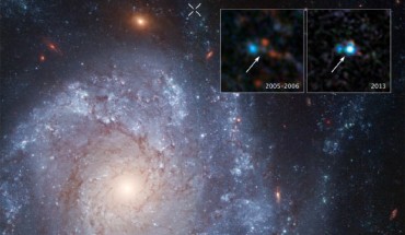 This image shows the spiral galaxy NGC 1309; the X-shaped feature at the top of the image of the galaxy marks the location of the supernova SN 2012Z; the inset panel from 2013 shows the supernova; archival Hubble data from 2005 and 2006 show the progenitor system for the supernova. Image credit: NASA / ESA / C. McCully and S. Jha, Rutgers University / R. Foley, University of Illinois / Z. Levay, STScI / Hubble Heritage Team / A. Riess, JHU / STScI.
