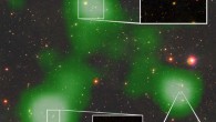 The 2.6-million-light-year-long stream of atomic hydrogen gas, shown in green, stretches from the large galaxy at the bottom left to the group of galaxies at the top; a third nearby galaxy to the right also has a shorter stream of gas attached to it; the three insets show expanded views of the different galaxies and the green circle indicates the Arecibo telescope beam. Image credit: Rhys Taylor / Arecibo Galaxy Environment Survey / the Sloan Digital Sky Survey Collaboration, www.sdss.org.