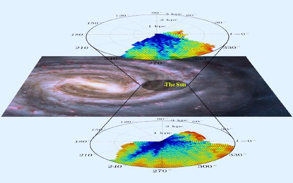 Maps of the measured DIB absorption in respect to the area they cover in our Milky Way Galaxy. Image credit: Janez Kos / Nick Risinger / RAVE team.