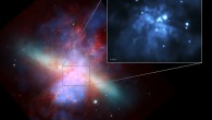 This composite image shows the nearby galaxy Messier 82. The intermediate-mass black hole M82 X-1 is the brightest object in the inset. Image credit: full-field - X-ray: NASA / CXC / JHU / D. Strickland; optical: NASA / ESA / STScI / AURA/ Hubble Heritage Team; IR: NASA / JPL-Caltech /Univ. of AZ / C. Engelbracht; inset - NASA / CXC / Tsinghua University / H. Feng et al.