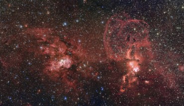 This image shows two star formation regions in the southern Milky Way: the first of these, on the left, is dominated by the star cluster NGC 3603; the second object, on the right, is NGC 3576. Image credit: ESO / G. Beccari.