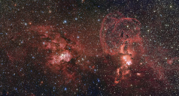 This image shows two star formation regions in the southern Milky Way: the first of these, on the left, is dominated by the star cluster NGC 3603; the second object, on the right, is NGC 3576. Image credit: ESO / G. Beccari.