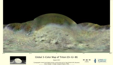 Colorized map of Triton based on Voyager 2 images. Image credit: NASA / JPL-Caltech / Lunar & Planetary Institute.