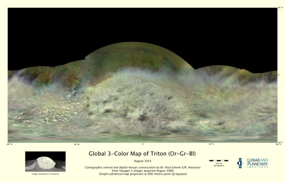 Colorized map of Triton based on Voyager 2 images. Image credit: NASA / JPL-Caltech / Lunar & Planetary Institute.