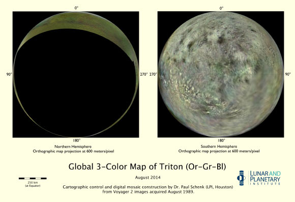 Map of Triton, polar view. Image credit: NASA / JPL-Caltech / Lunar & Planetary Institute.