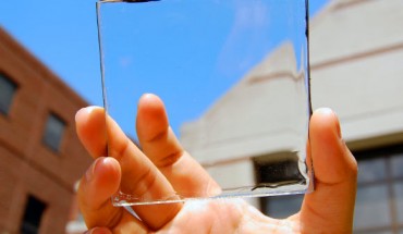 This image shows a transparent luminescent solar concentrator module. Image credit: Yimu Zhao.