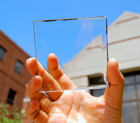 This image shows a transparent luminescent solar concentrator module. Image credit: Yimu Zhao.