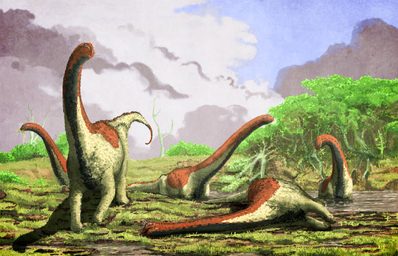 This artist's rendition shows likely paleoenvironment of Rukwatitan bisepultus. Image credit: Mark Witton / University of Portsmouth.
