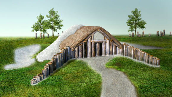 The image shows the artistic reconstruction of a massive timber building discovered at the Stonehenge site. Image credit: Vincent Gaffney / Stonehenge Hidden Landscapes Project.