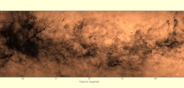 A density map of part of the Milky Way disk; the axes show galactic latitude and longitude, coordinates that relate to the position of the centre of the Galaxy; the mapped data are the counts of stars detected in i, the longer wavelength broad band of the survey, down to a faint limit of 19th magnitude; although this is just a small section of the full map, it portrays in exquisite detail the complex patterns of obscuration due to interstellar dust. Image credit: Hywel Farnhill / University of Hertfordshire.