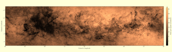 A density map of part of the Milky Way disk; the axes show galactic latitude and longitude, coordinates that relate to the position of the centre of the Galaxy; the mapped data are the counts of stars detected in i, the longer wavelength broad band of the survey, down to a faint limit of 19th magnitude; although this is just a small section of the full map, it portrays in exquisite detail the complex patterns of obscuration due to interstellar dust. Image credit: Hywel Farnhill / University of Hertfordshire.