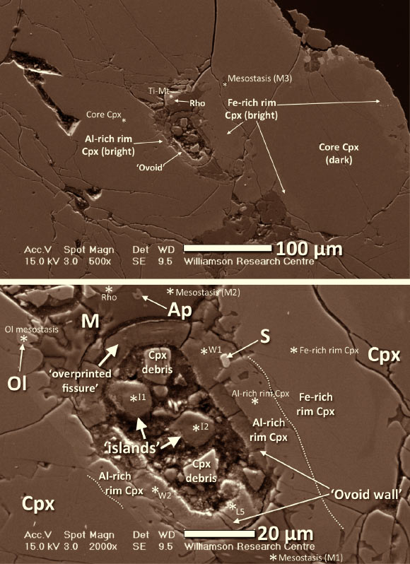 SEM images of the surface of a polished thin section of Nakhla, highlighting the petrographic context of the cell-like structure. Top: overview image. Bottom: close-up image, highlighting the structure and some of the surrounding phases. Abbreviations: Ap - apatite; Cpx - clinopyroxene, separated from the Al-rich Cpx with a dotted line; M - amorphous mesostasis phase (rhyolitic glass); Ol - olivine; Rho - rhoenite; S – sulfide. Image credit: Chatzitheodoridis Elias et al.