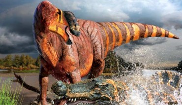Rhinorex condrupus attacked by a Cretaceous crocodile. Image credit: © Julius Csotonyi.