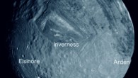 Southern hemisphere of Miranda; projection is orthographic, centered on the south pole; visible from left to right are Elsinore, Inverness, and Arden coronae. Image credit: NASA / Jet Propulsion Laboratory / Ted Stryk.