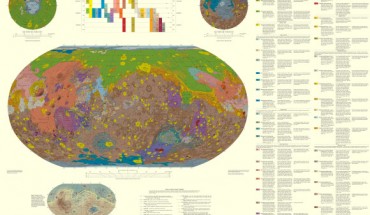This new global geologic map of Mars depicts the most thorough representation of the planet’s surface; colors show distribution of 44 map units; for example, greens represent mainly lowland and basin units; yellow is relatively young impact material; reds and purples are volcanic units; blues are polar units; and earth tones are apron, transition, and highland units. Image credit: Tanaka, K.L. et al.