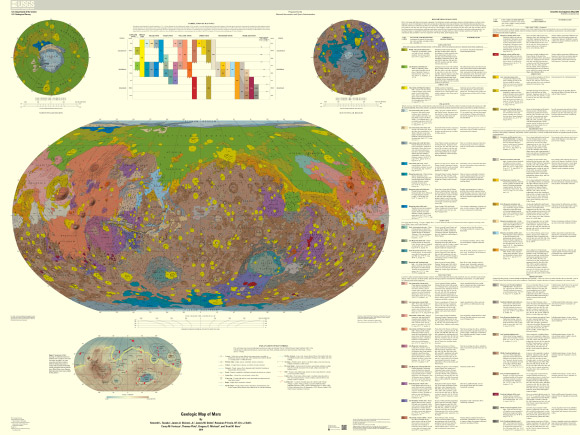 This new global geologic map of Mars depicts the most thorough representation of the planet’s surface; colors show distribution of 44 map units; for example, greens represent mainly lowland and basin units; yellow is relatively young impact material; reds and purples are volcanic units; blues are polar units; and earth tones are apron, transition, and highland units. Image credit: Tanaka, K.L. et al.