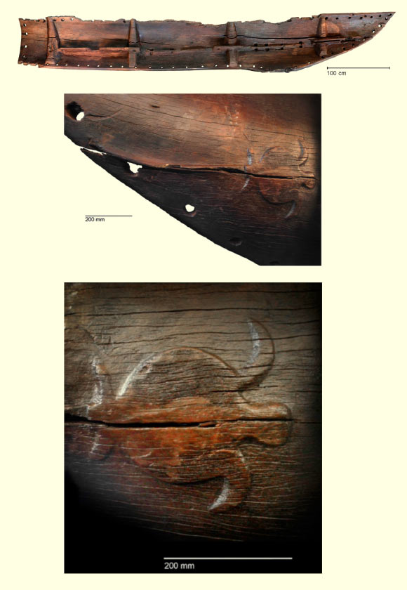 Top: an internal view of the Anaweka canoe hull showing the pointed end and butt end, and lashing holes for attachment of other timbers on all sides. Middle: a sea turtle is carved in raised relief at the shaped end of the Anaweka canoe strake. Bottom: detail of the sea turtle. Image credit: Dilys A. Johns et al.