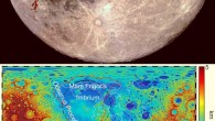 Top: the full Moon as seen from the Earth, with the Procellarum border structures superimposed in red. Image credit: Kopernik Observatory / NASA / Colorado School of Mines / MIT / JPL / Goddard Space Flight Center. Bottom: global maps of lunar properties – topography and gravity gradient. Image credit: Jeffrey C. Andrews-Hanna et al.